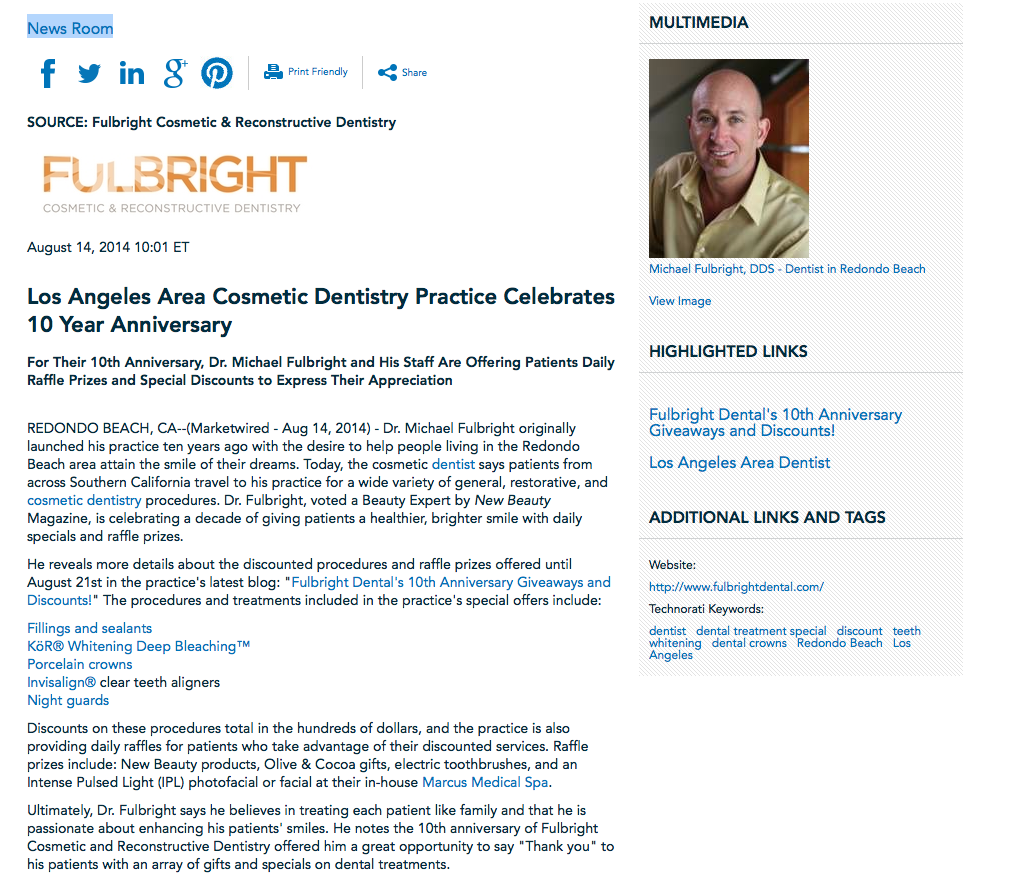 Cosmetic Dentistry Practice in Los Angeles Area Celebrates 10 Year Anniversary